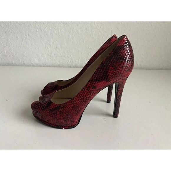 GUESS Red Snake Print High Stiletto Heeled Peep Toe Heels Size 7M Used - Picture 4 of 13